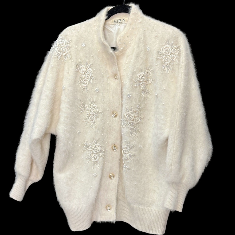 Lira Vintage Angora Pearl Bead Lace Cardigan L Sweater Cream Luxury Pinup READ